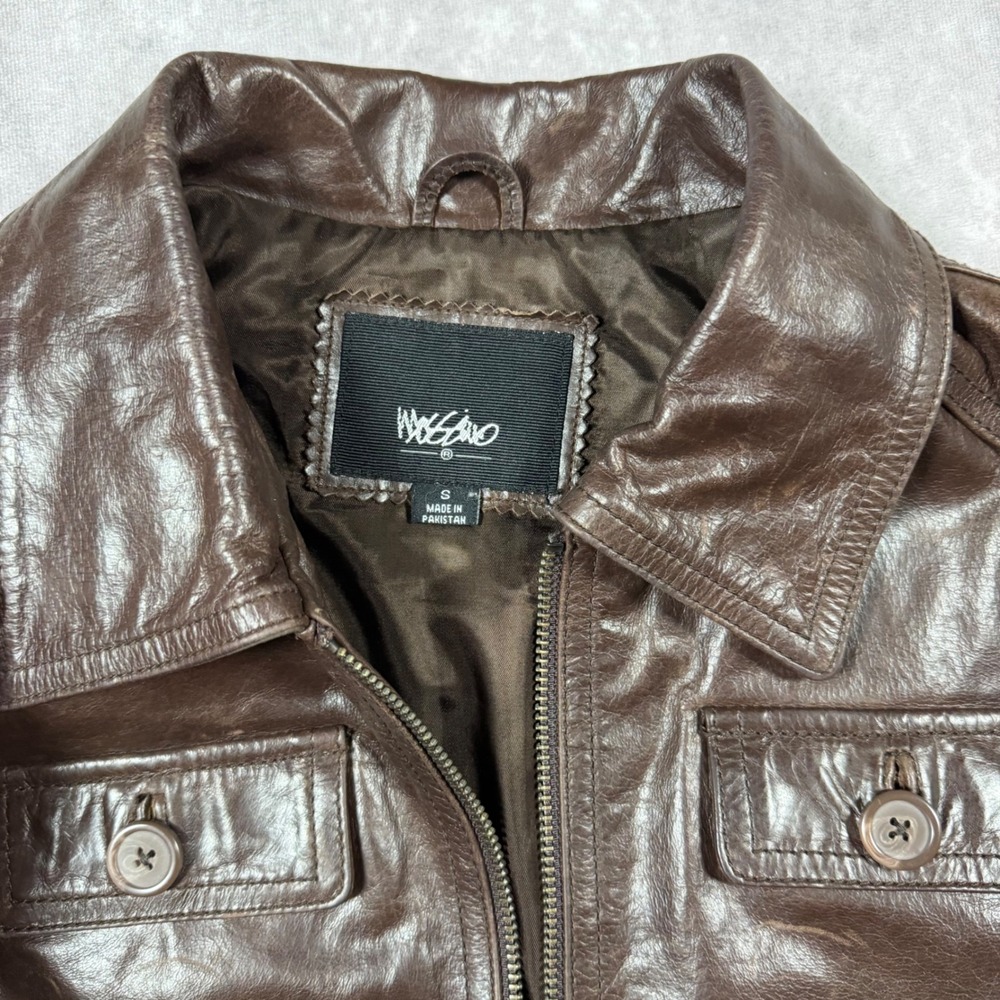 VTG Y2k 2002 Mossimo Womens Small Brown Faux Leather Cropped Moto Trucker Jacket - Picture 6 of 11